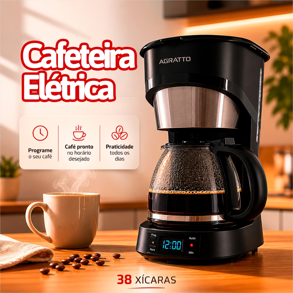 Cafeteira Elétrica Programável Cafeteira 38 Xícaras Preta Cafeteira 127v Agratto Maquina de Café