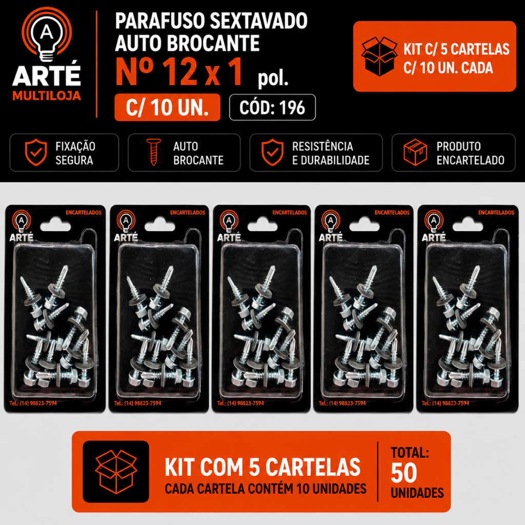 Kit Parafuso Sextavado Auto Brocante Com Arruela 12x1" e Parafuso Sextavado Soberba 3/16" Alta Resistência