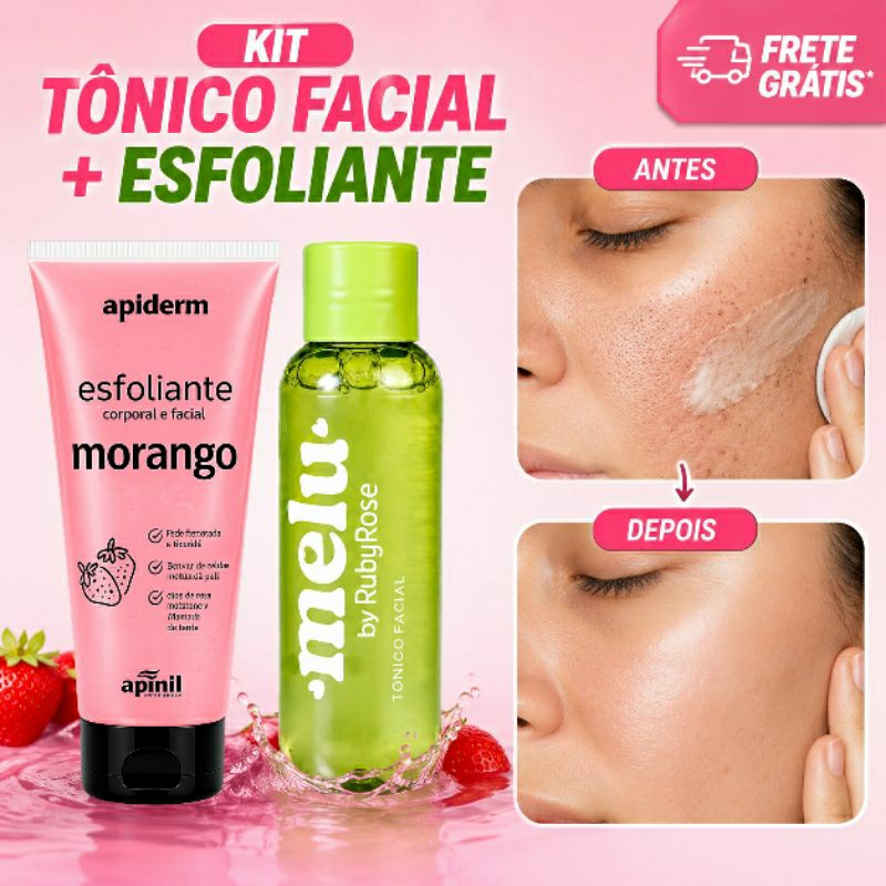 Kit Tônico Facial Ruby Rose 100ml + Esfoliante Corporal e Facial Apinil 190g, Pele Limpa e Hidratada Reduz a Oleosidade