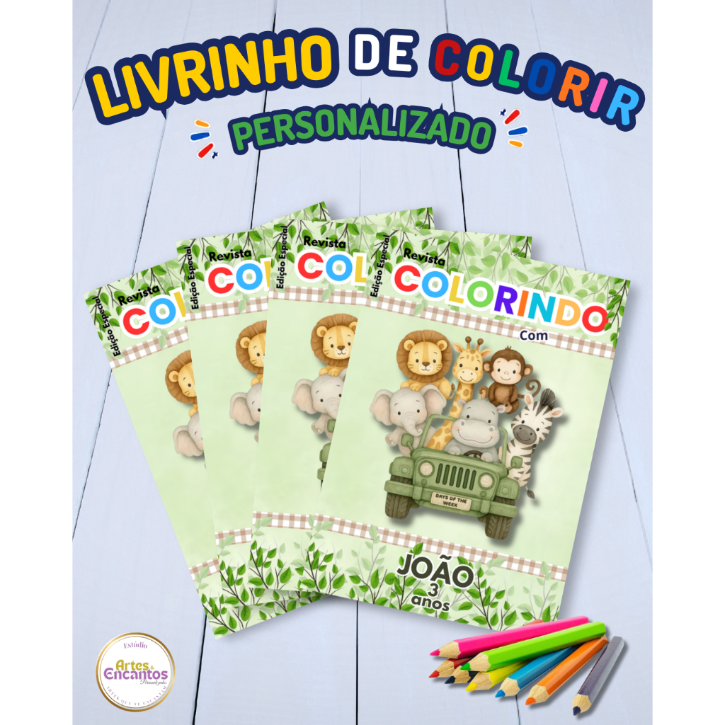 Revistinha de colorir Livrinho Lembrancinha infantil personalizada Aniversário Tema Safari menino