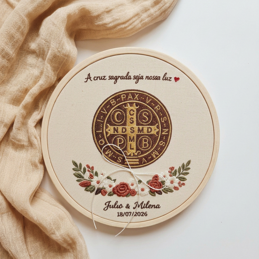 Porta Aliança Bordado para Casamento Medalha de São Bento - Bastidor Bordado