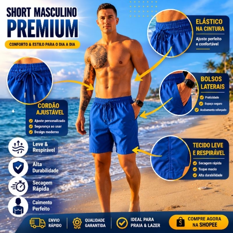 Bermuda Masculino short Tactel Com Elastano Leve Confortável Academia Praia treino Secagem Rápida Com Bolso