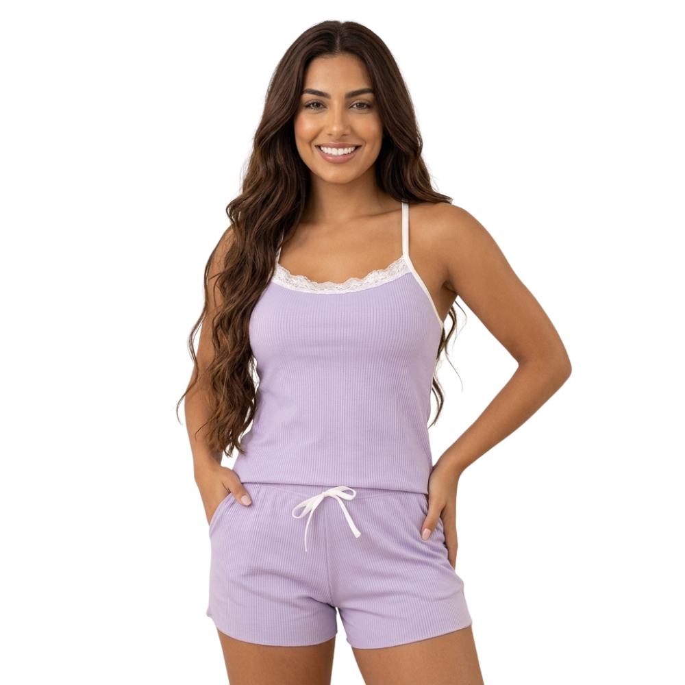 Conjunto Pijama Canelado Feminino Short Doll Regata Com Renda E Shortinho Viral TikTok