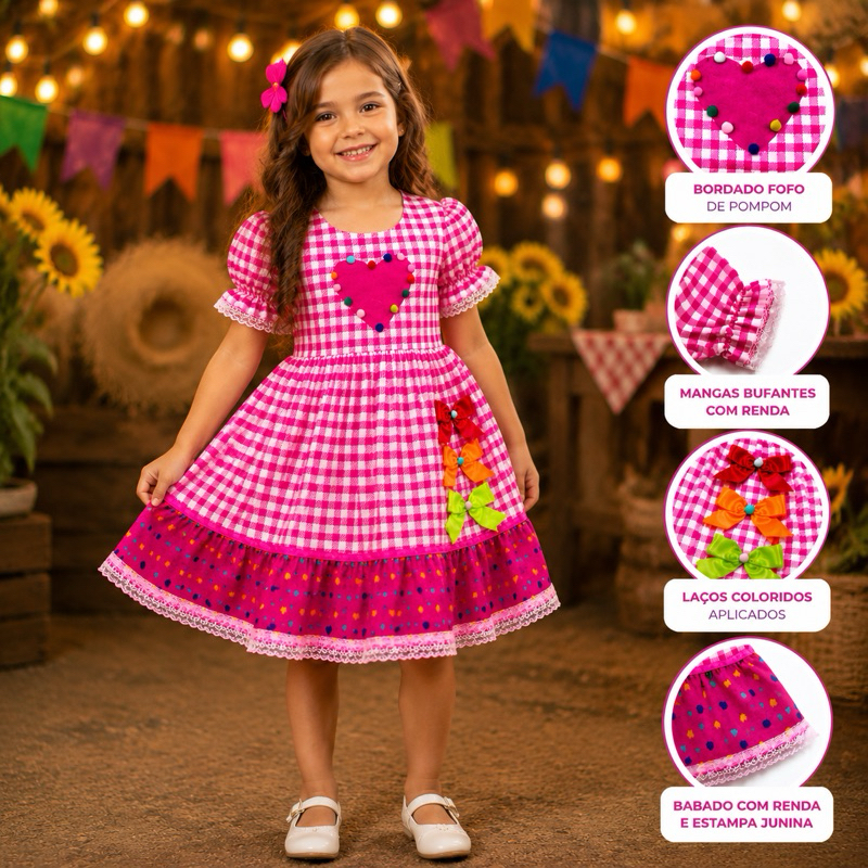 VESTIDO INFANTIL MENINA FESTA JUNINA JULINA TAM 1 AO 16 CAIPIRA XADREZ TEMÁTICO SÃO JOAO COM LAÇOS SUPER PROMOCÃO OFERTA