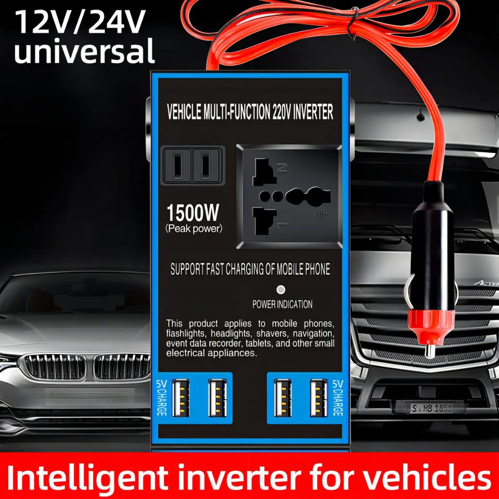 Inversor 1500W 12V/24V→110V/220V - 4 USB, Tomada Carro/Caminhão, Portátil