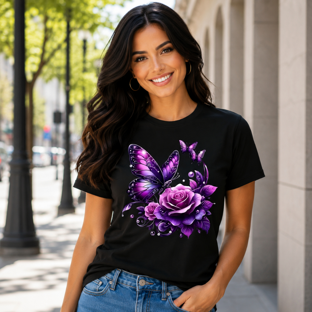 Camiseta Feminina Borboleta Floral Estampada – Blusa Casual Algodão Confortável Manga Curta Várias