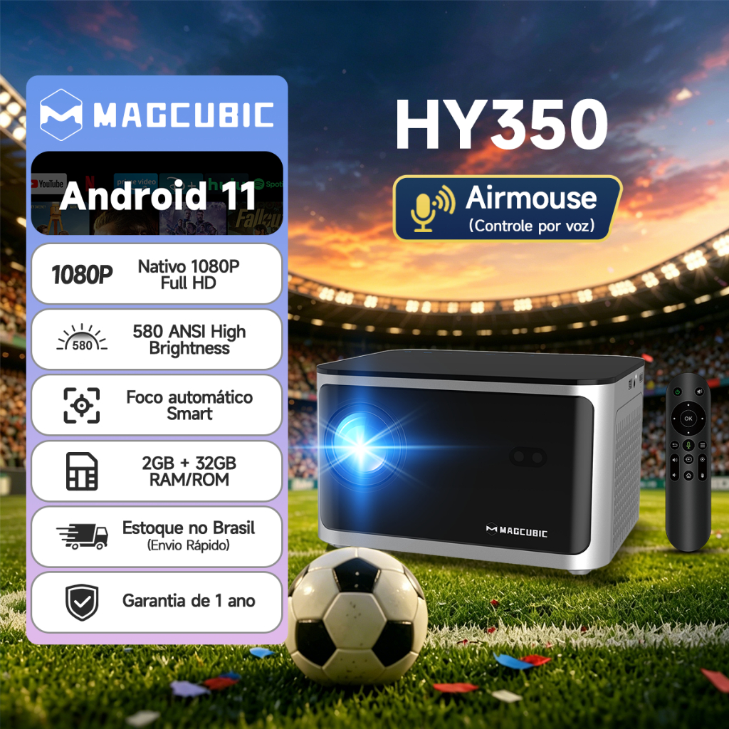   MAGCUBIC HY350 Projetor 580ANSI 1080P Full HD Home Theater Foco automático Assistente de voz