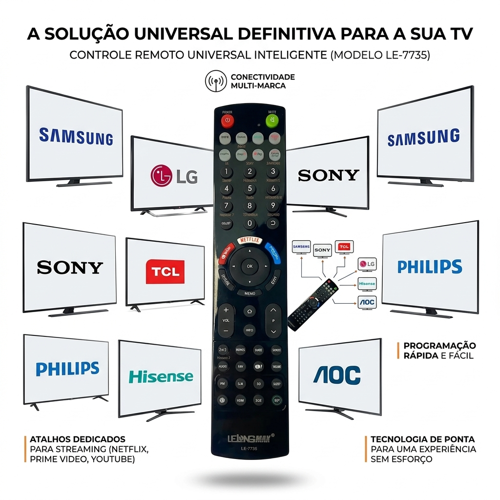 Controle Remoto Universal LE-7735 Smart TV LED LCD Compatível Multimarcas Fácil Configuração