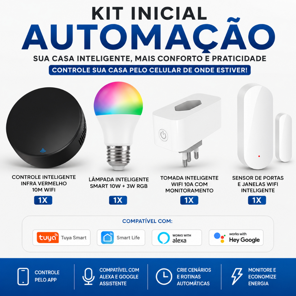 Kit Casa Inteligente WiFi Alexa Google Lâmpada Tomada Sensor Controle IR App Tuya Smart