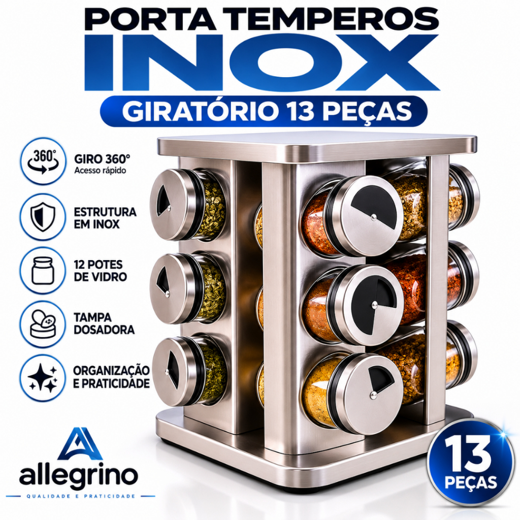 Porta Temperos Inox Giratório 13 Peças Com 12 Potes de Vidro Organizador de Condimentos 360° Premium
