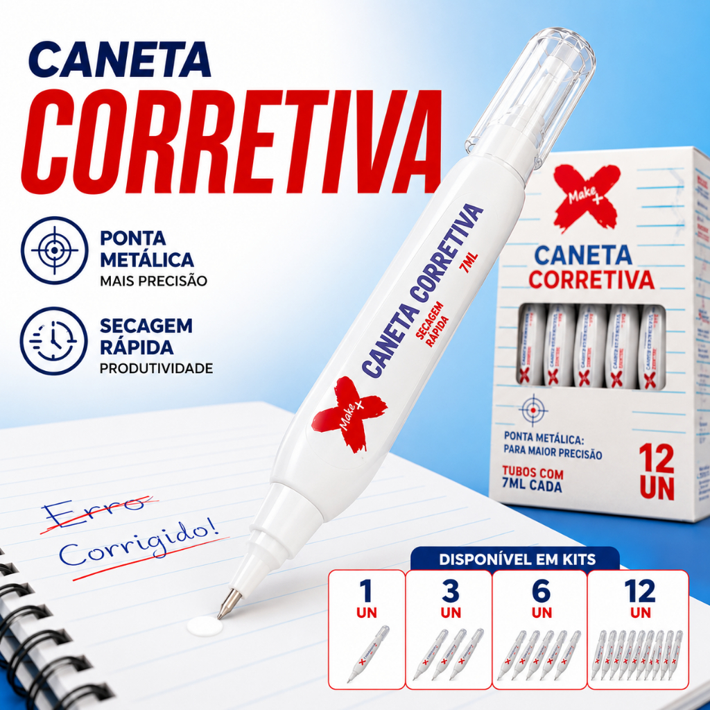 Caneta Corretiva 7ml Ponta Metálica Secagem Rápida Make+ | Kit 1, 3, 6 ou 12 Unidades