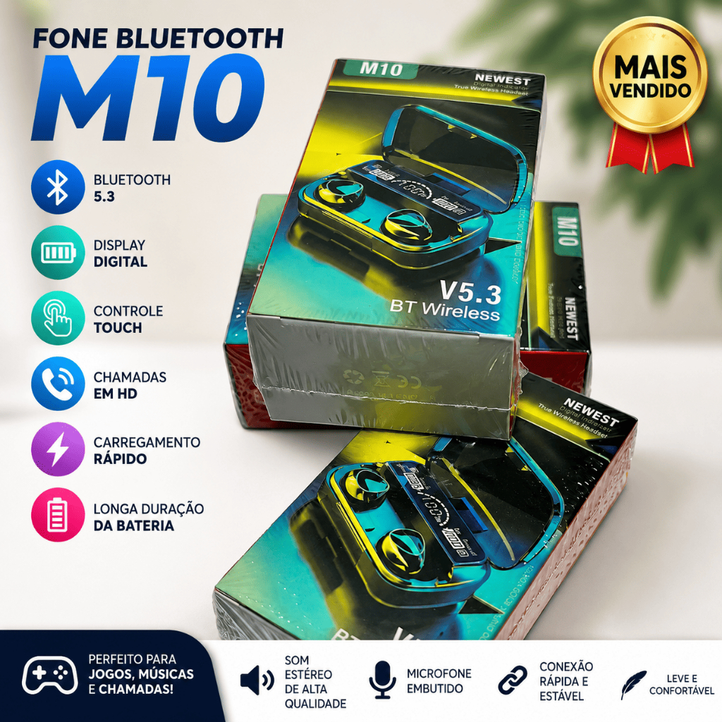 Fone Bluetooth M10 Gamer Sem Fio V5.3 Display Digital Power Bank Touch Controle