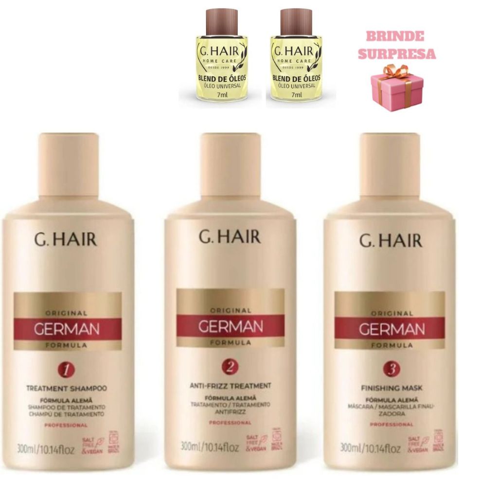 Ghair - Kit Escova Progressiva Fórmula Alemã Liso Extremo, Alisamento Capilar 3 PASSOS 300ml + 2 OLEO 7M GHAIR Grátis !
