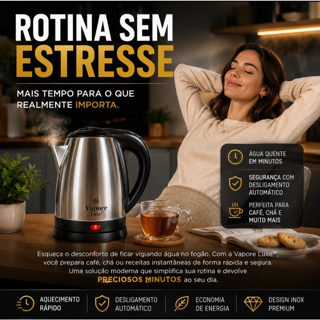 Chaleira Elétrica Inox 1,8L 1000W 127V Desligamento Automático Aquecimento Rápido Vapore Luxe™
