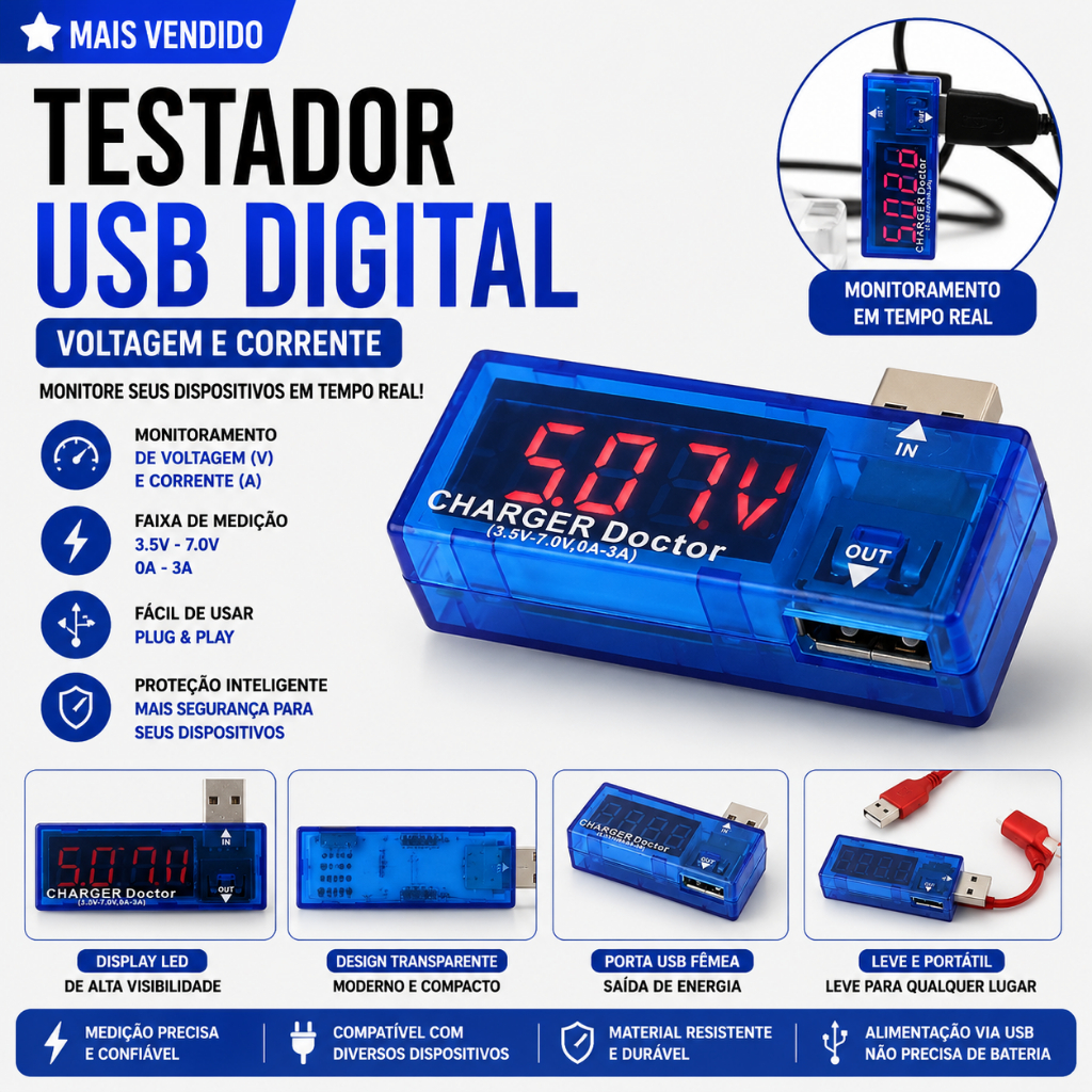 Testador USB Voltímetro Amperímetro Medidor de Tensão e Corrente Porta USB