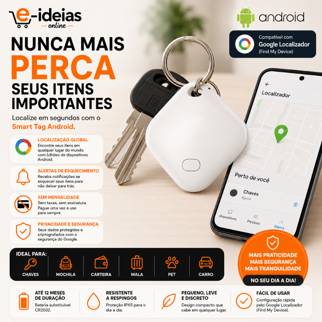 Localizador Smart Tag Android Compatível Google Find My Device para Chaves Mochila Mala Sem Assinatura