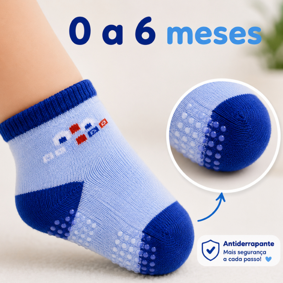 Kit 3 a 12 Pares Meia Bebê Menino Antiderrapante 0 a 6 Meses Premium