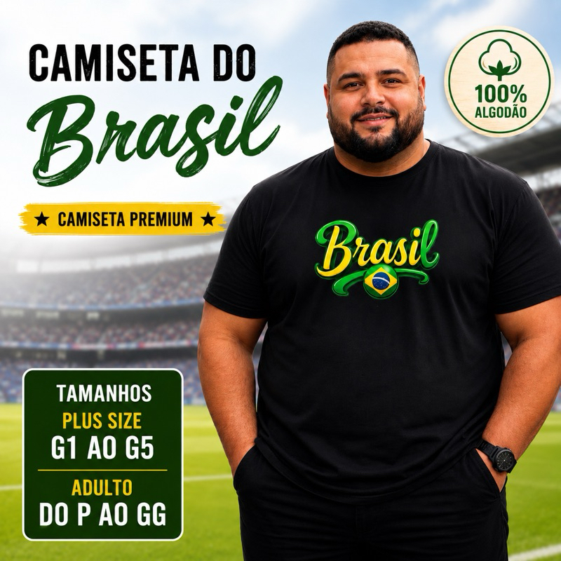 Camiseta do Brasil Plus Size e Adulto Masculina Feminina Seleção Brasileira 100% Algodão Copa Mundo Hexa G1 G2 G3 G4 G5