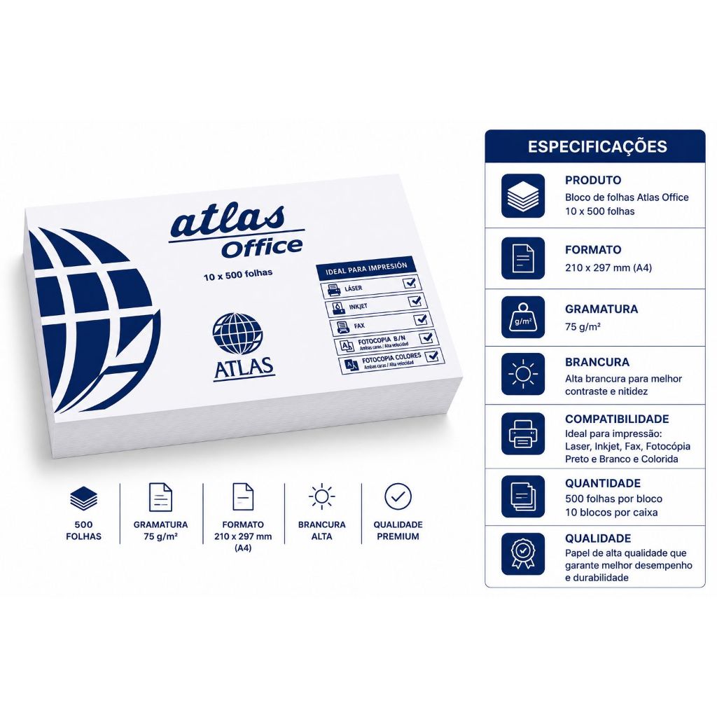 Papel Sulfite A4 75g 210x297mm Resma com 500 Folhas Cada l ATLAS