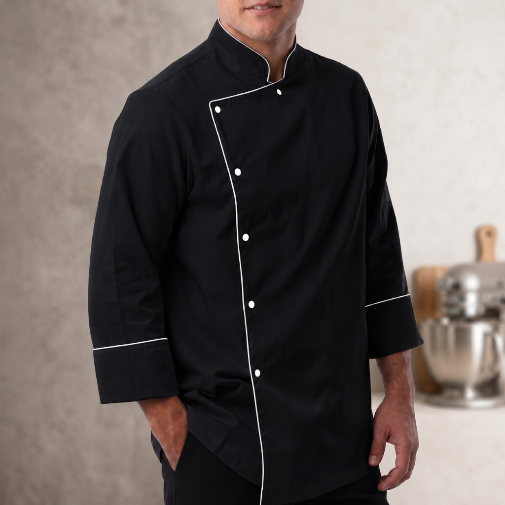 Dolmã Jaleco Chef Cozinha Oxford Preta Vivo Branco Manga 3/8 Botão Pressão Nome Bordado Unissex Restaurante Dolma Doma