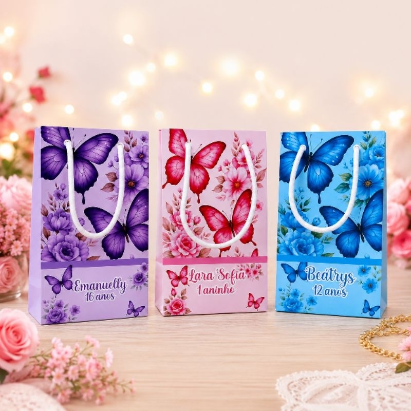 Sacolinha Surpresa P Jardim das Borboletas Rosa - Azul e Lilás / Lembrancinha de Festa Infantil - DESMONTADA