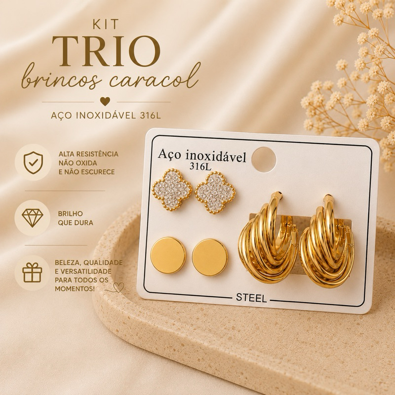 Kit Brincos Aço Inoxidável 316L | Três Pares na Cartela - Elegância em cada detalhe
