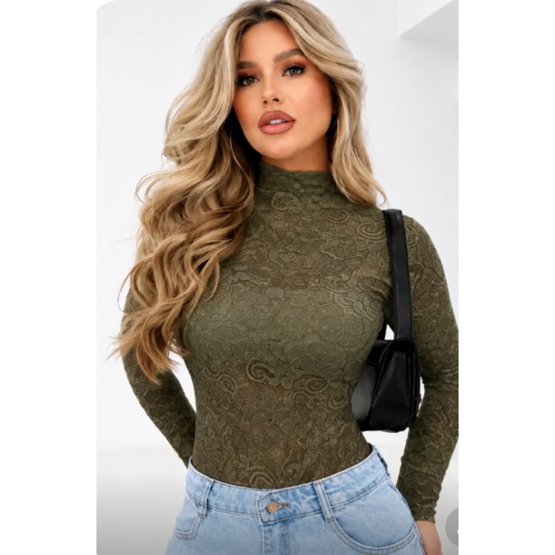 Detalhes do Body Floral Renda Manga Longa Elegante e Sexy