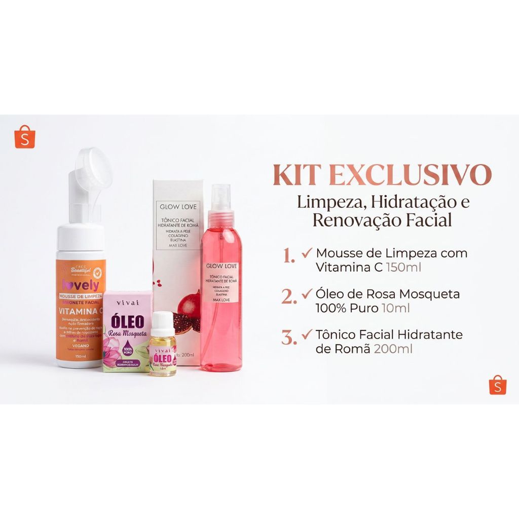 Kit Vitamina C Rosa Mosqueta Limpeza Facial Hidratação Renovação Skincare Completo