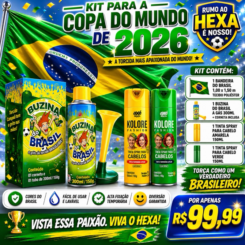 KIT TORCEDOR DO BRASIL- 2 SPRAY DE TINTA CABELO , 1 buzina spray 300 ML e 1 bandeira tecido  do Brasil de 1,00 x 1,50