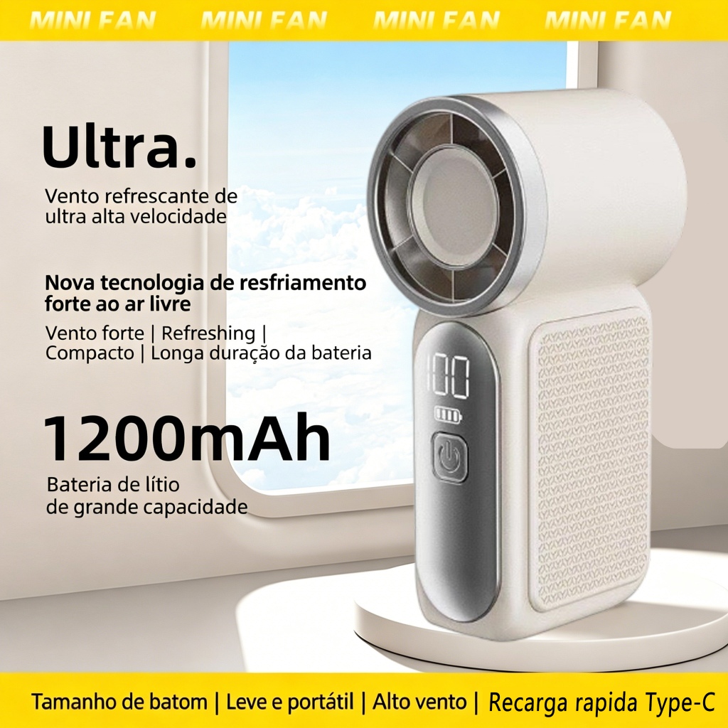 Mini Ventilador Turbo de Mão 100 Velocidades – Recarregável, Silencioso, Portátil, Longa Autonomia com Display LED
