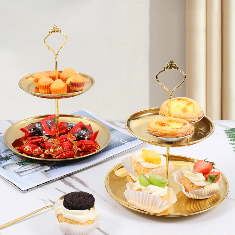 Bandeja Dupla Luxo 100% Metal Para Doces CupCake Dourado Suporte Prato