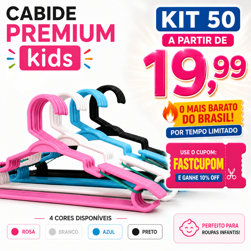 Kits até 50 Cabides Infantil bebe baby Reforçado, cores Azul, Rosa, Preto, Branco
