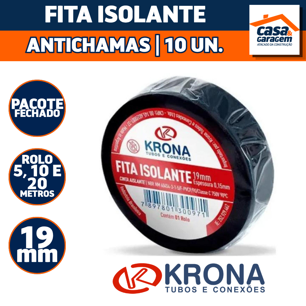 Kit Com 10 Fita Isolante Antichama Elétrica Preta Alta Aderência Krona