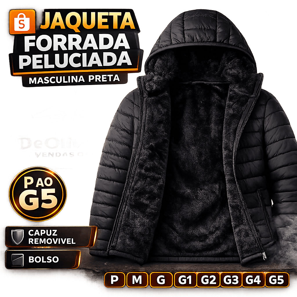 Jaqueta Bobojaco Masculina Premium Forrada Peluciada Preta Inverno Super Quente Capuz Removível Bolso com Zíper P ao G5