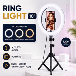 Ring Light Anel de Luz LED 10 Polegadas com Tripé 2,1m Suporte Celular Iluminador TikTok YouTube