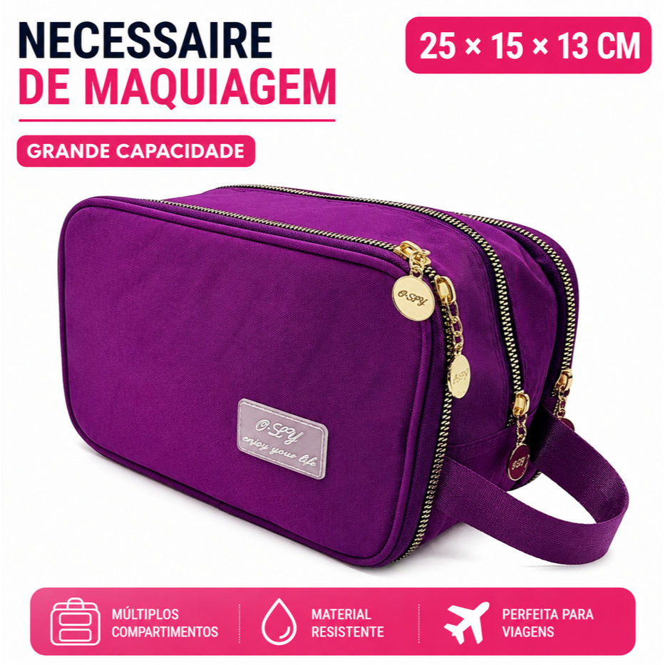 Necessaire Feminina Grande Capacidade Bolsa Organizadora de Maquiagem com Três Zíperes Portátil para Viagem