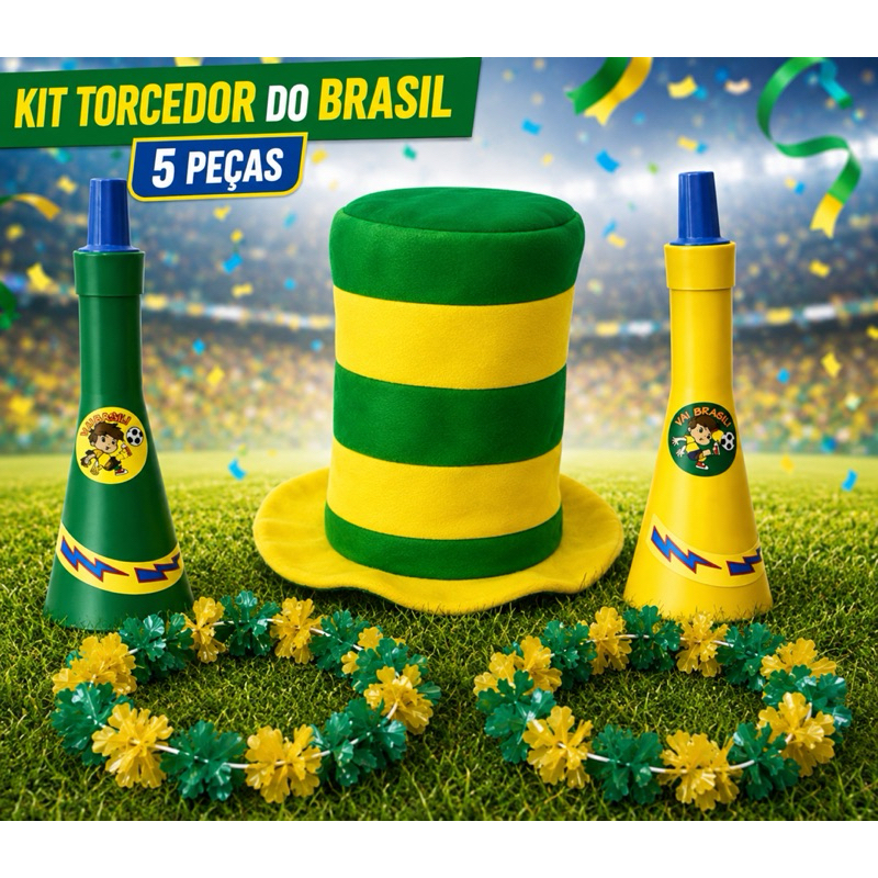 Kit Torcedor Do Brasil Com 5 Itens | 1 Cartola Listrada | 2 Cornetas E 2 Colares Havaianos Do Brasil | Jogos, Torcida