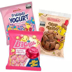 Kit 3 Doces Variados Bala Frutiguti Peccin + Xup Doce de Leite Oliveira + Pirulito Big Big Tutti Frutti Arcor