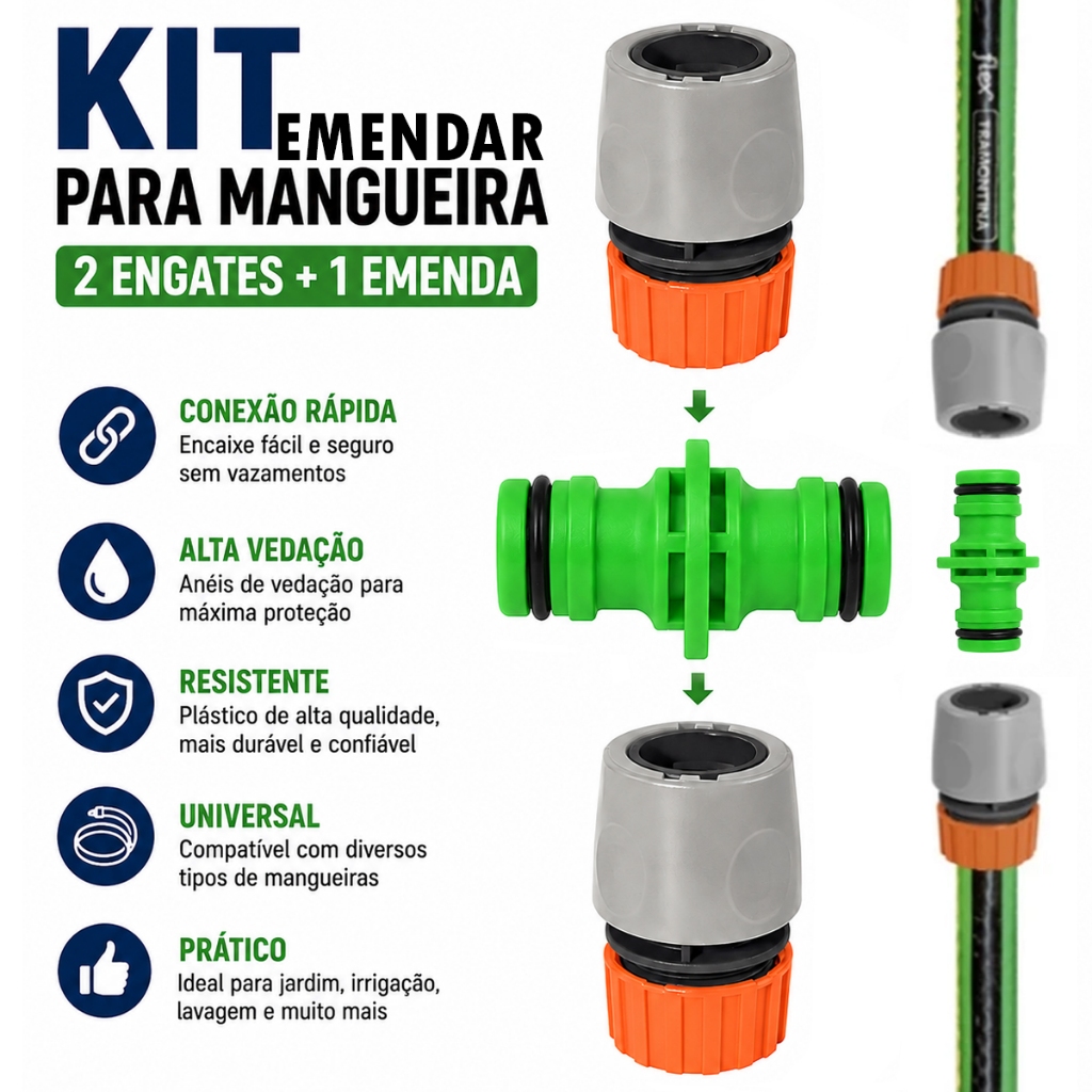KIT EMENDA MANGUEIRA - 1 Conector Duplo + 2 Engates Rápido Tramontina