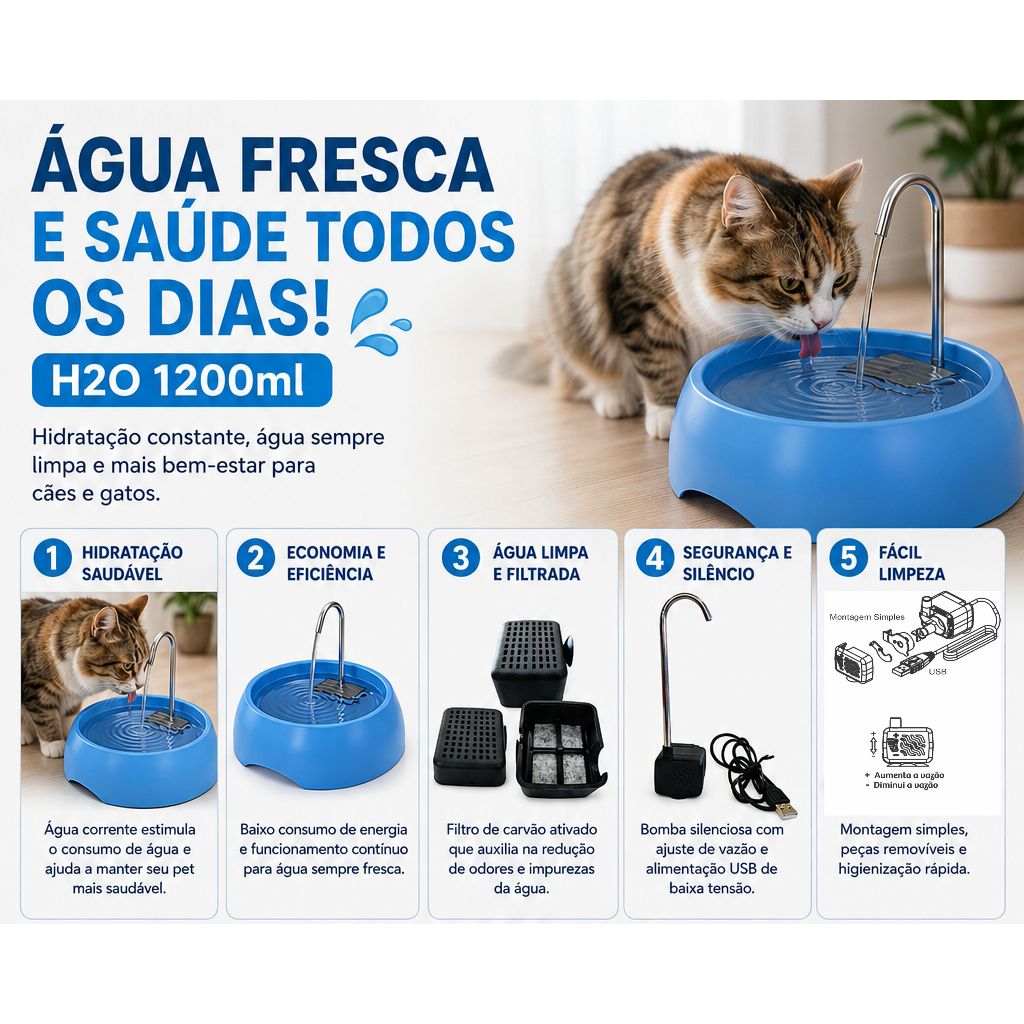 FONTE BEBEDOURO  PARA GATOS 1200ML TORNEIRA INOX E FILTRO DE CARVÃO ATIVADO