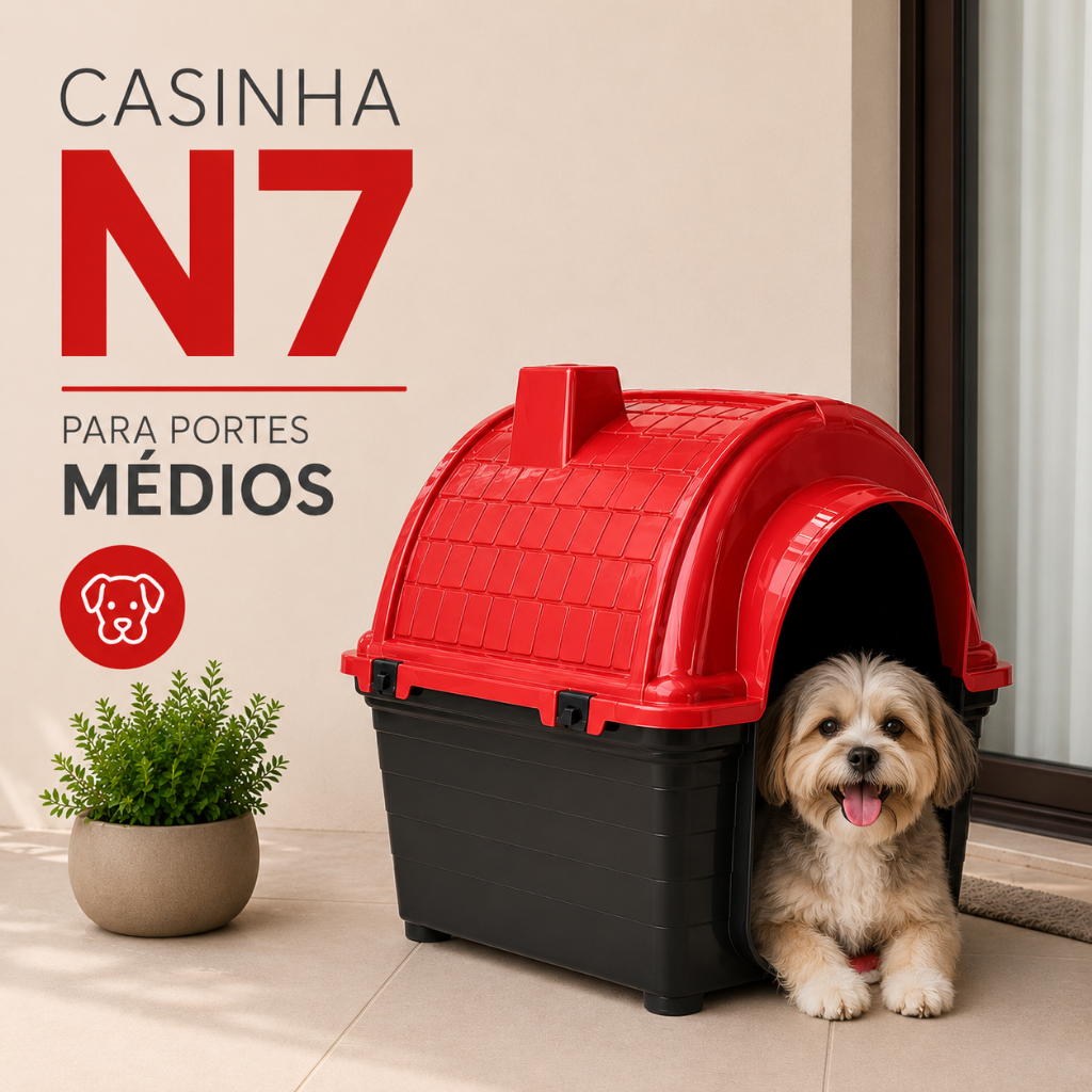 Casinha N7 IPOPPY Pet Porte Médio | Casa Plástica Resistente para Cachorro | Azul Rosa Preta ou Vermelha