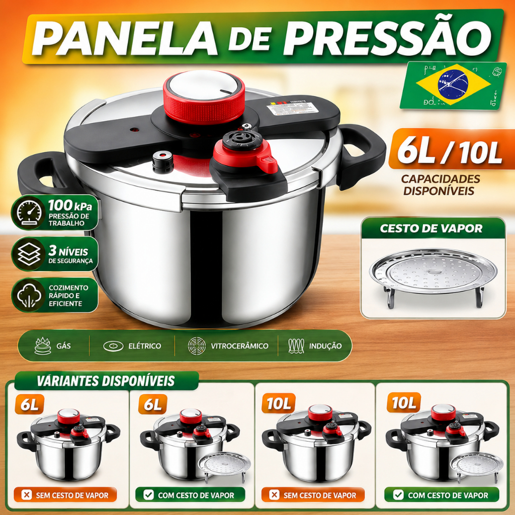 304Panela de Pressao Inox 6L/10L 100kPa com Cesto de Vapor