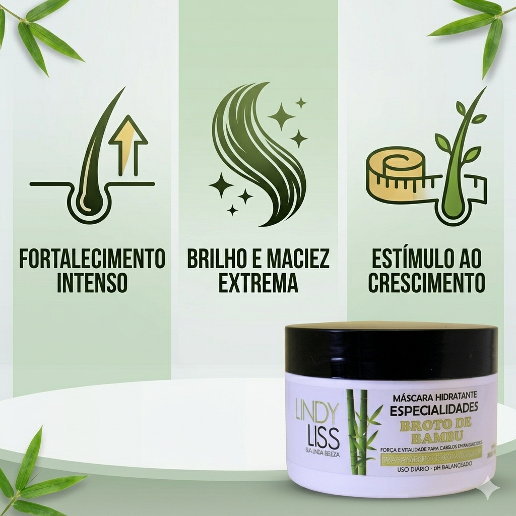 Máscara Broto de Bambu Lindy Liss 300g Creme Tratamento Fortalecedor Crescimento Cabelos Enfraquecidos Uso Diário — imagem 2 de 2