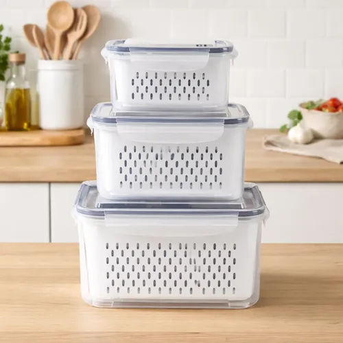 Organizador com 3 potes Herméticos De Geladeira para frutas, alimentos inclui Cesto tampa