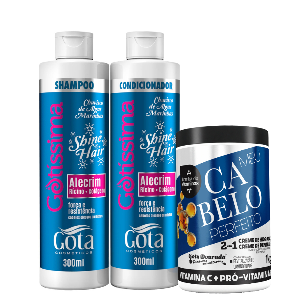 Kit Gota Dourada Chuvisco De Algas Marinhas Shampoo e Condicionador 300ml e Creme 2 em 1 Cabelo Perfeito Vitamina C 1Kg