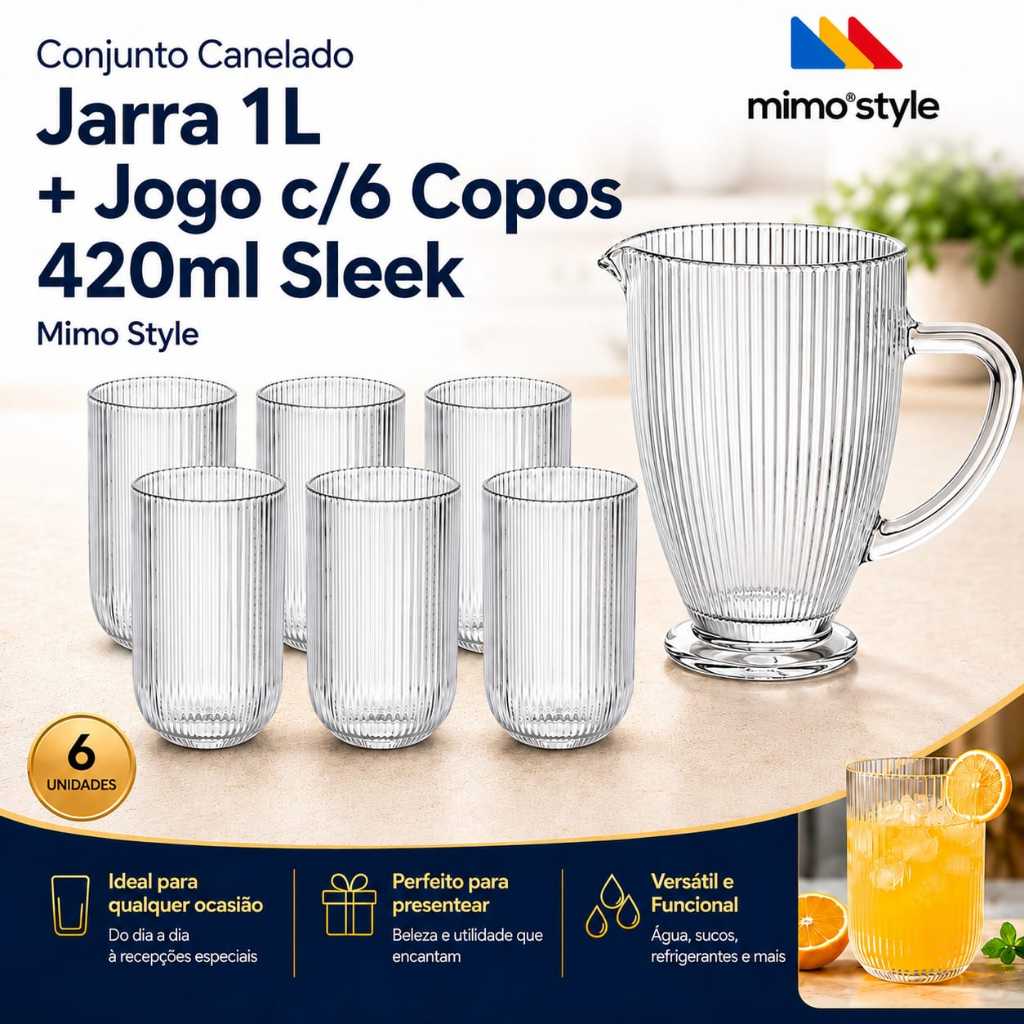 Conjunto Canelado Jarra 1 Litro Vidro Água Suco + Jogo c/6 Copos 420ml Sleek Mimo Style
