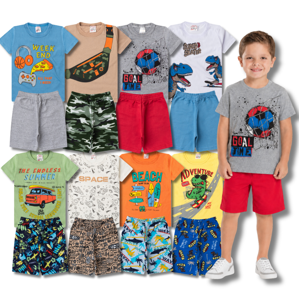 Kit 10 Peças 5 Regatas + 5 Bermudas Conjunto Infantil Juvenil Masculino/Menino Verão Tam 1 ao 14