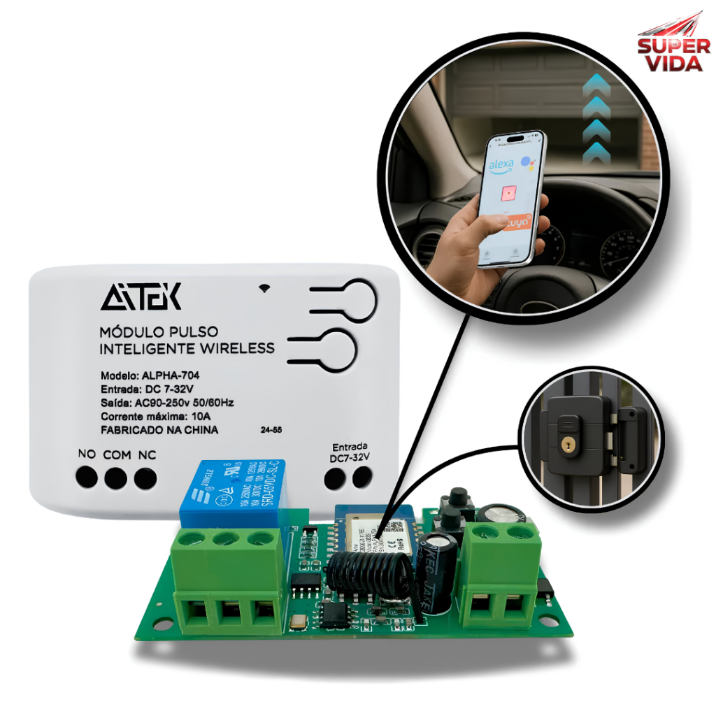 Módulo Inteligente para Portão Aitek Eletrônico Controle Remoto WiFi 2.4GHz 2200W Tuya Alexa Google