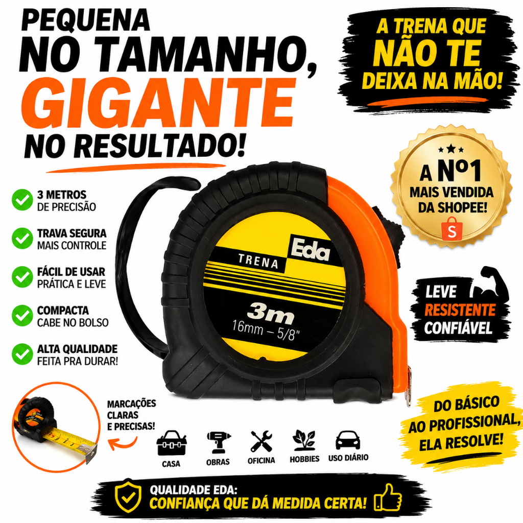 Trena EDA 3 Metros com Trava Automática Fita Métrica Profissional Resistente