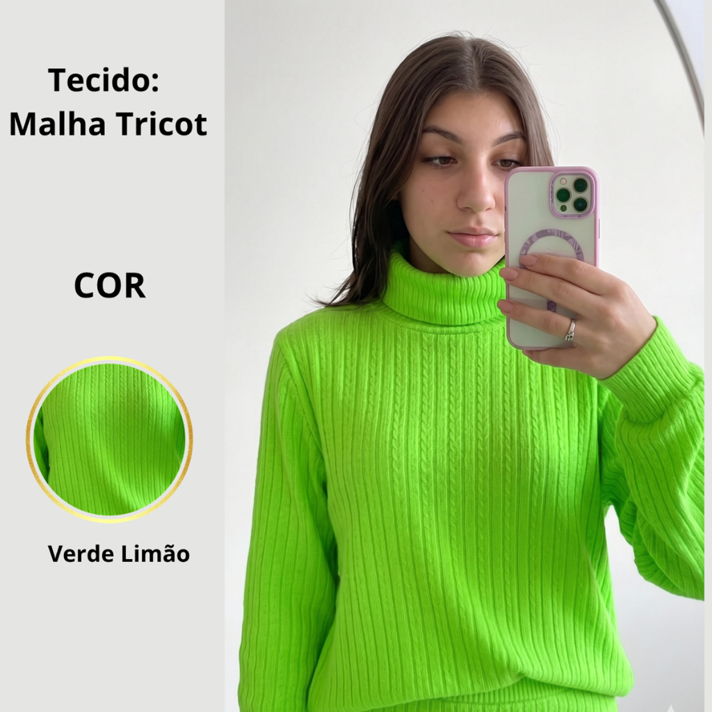 Conjunto Saia E blusa Tricot Monte Sião - tendência cor vibrante Verde Lima